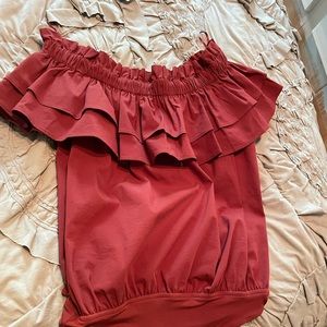 Express xs off the shoulders body suit. Ruffles. Maroon